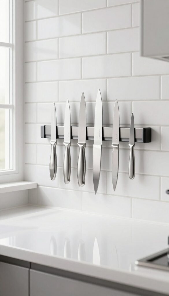 Magnetic knife strip on a white subway tile backsplash holding stainless steel knives, with a clean countertop and bright natural light.