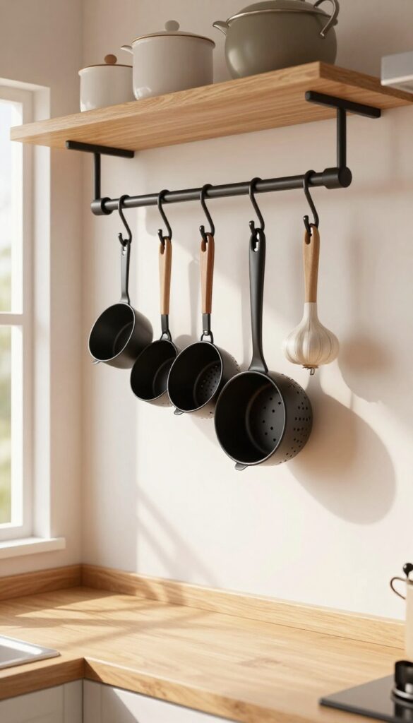 Hanging pot rack with S-hooks holding kitchen gadgets in a bright, rustic kitchen