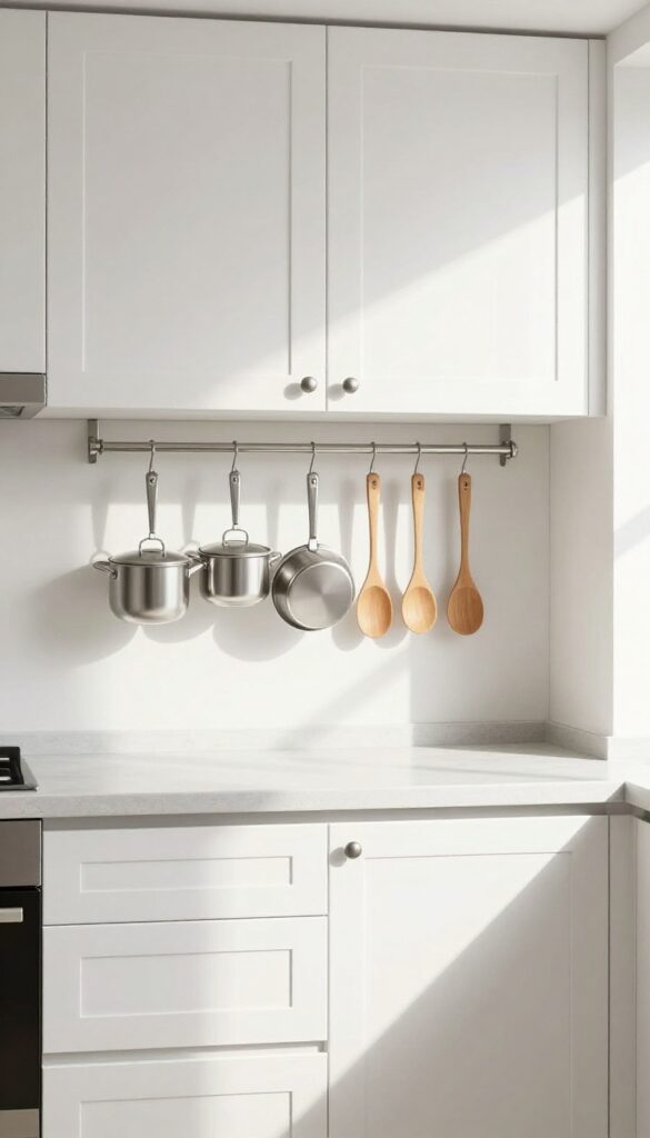 Under-cabinet pot rack holding stainless steel pots and pans in a bright, clean kitchen