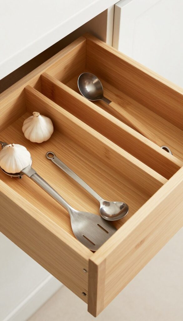 Deep kitchen drawer with adjustable wooden dividers organizing utensils like spatula, garlic press, and measuring spoons on a bamboo liner.