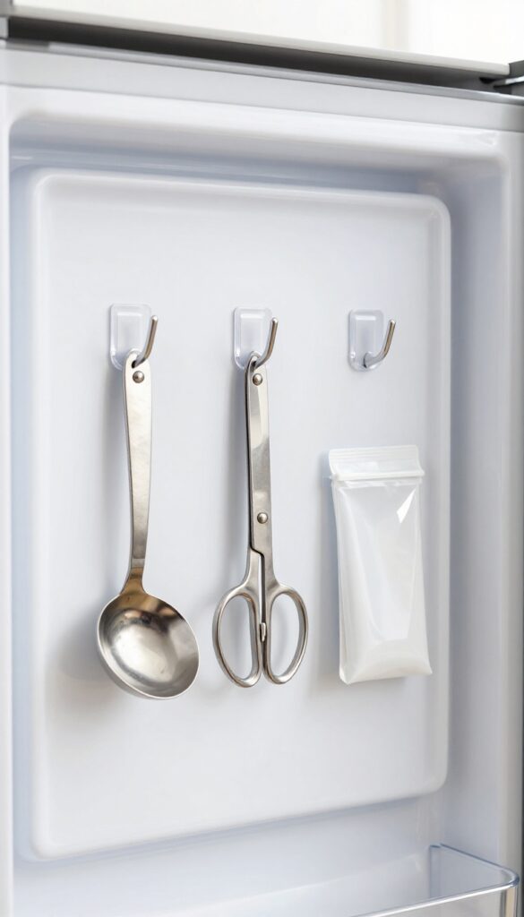 Inside of a refrigerator door with clear adhesive hooks holding stainless steel measuring spoons, scissors, and a bag of clips.