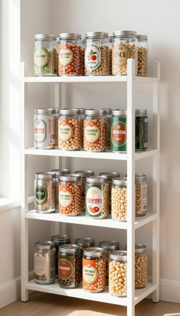 Tiered can racks in a pantry shelf, neatly organizing soda and bean cans with a bright natural light.