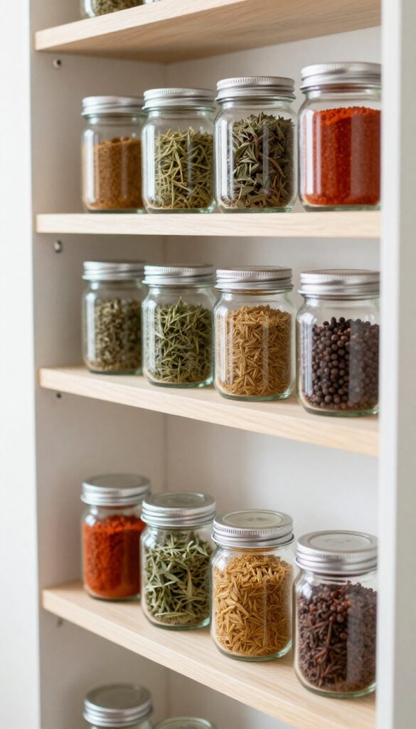 Uniform glass jars of spices on a step riser in a bright pantry