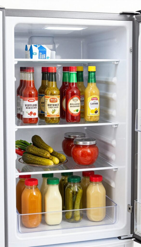 A clear lazy Susan in a refrigerator organizing condiment bottles and jars on a middle shelf.