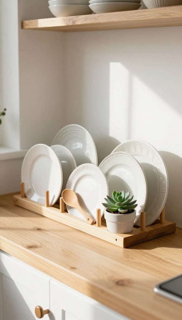 Vertical plate rack on kitchen counter holding assorted ceramic plates, with a succulent and wooden spoon holder nearby in natural light.
