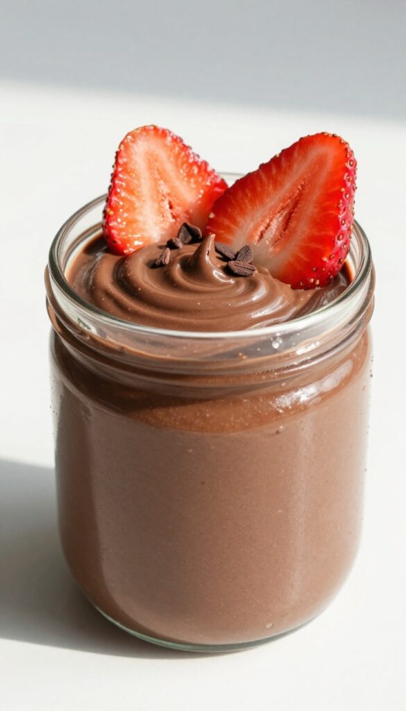Chocolate strawberry mousse in a glass jar topped with fresh strawberries and cocoa nibs