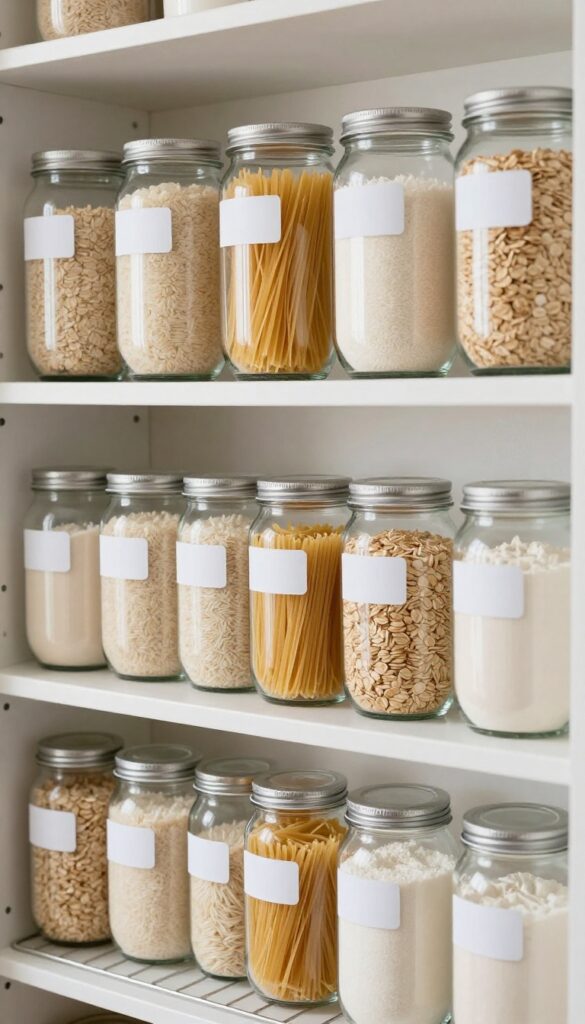 Clear glass jars on a wire rack in a pantry, filled with dry staples, arranged neatly for a uniform look.