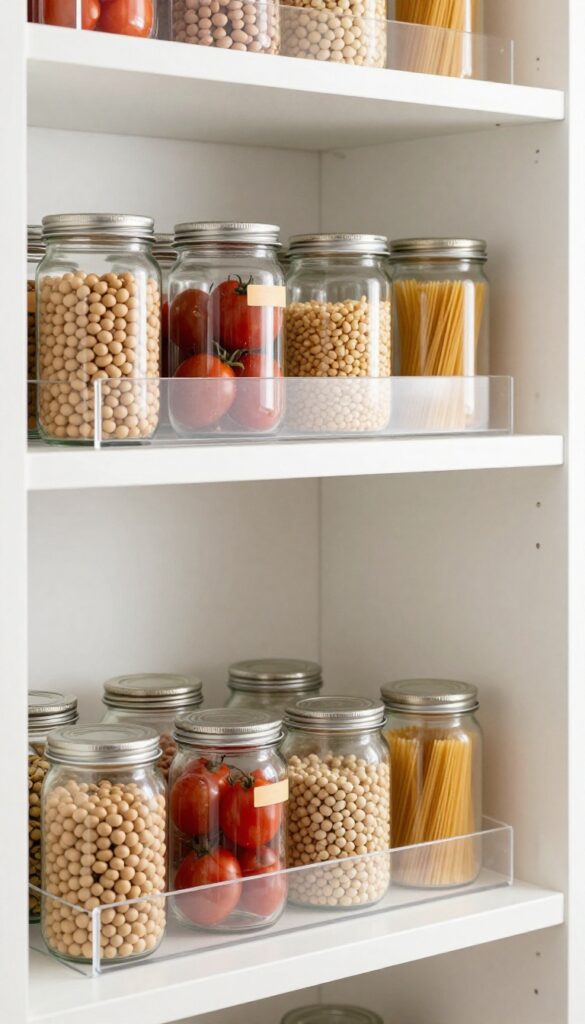 Tiered shelf risers organizing cans and jars in a bright pantry