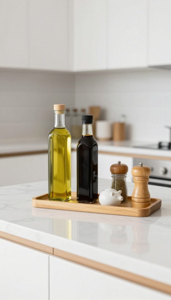 A single wooden tray holding daily oils and spices on a clean kitchen counter, with bright natural light and minimalist decor.