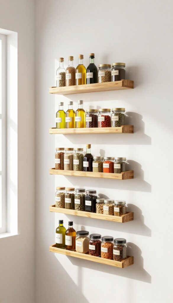 Three stacked bamboo spice racks on a pantry wall holding jars and bottles in a tiered shelving system.
