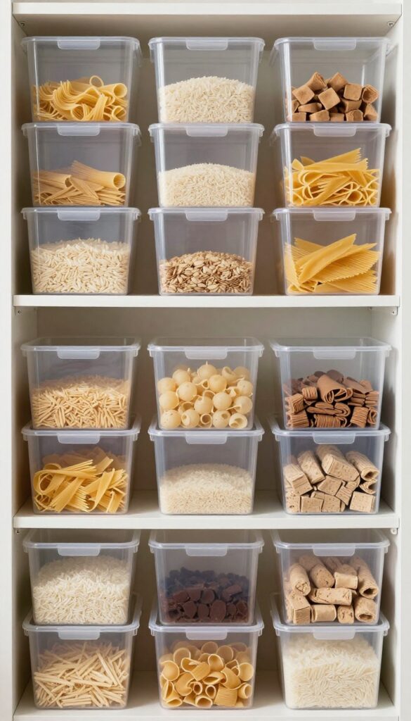 Clear stackable bins on a pantry shelf, neatly organized with dry foods, bright natural light.