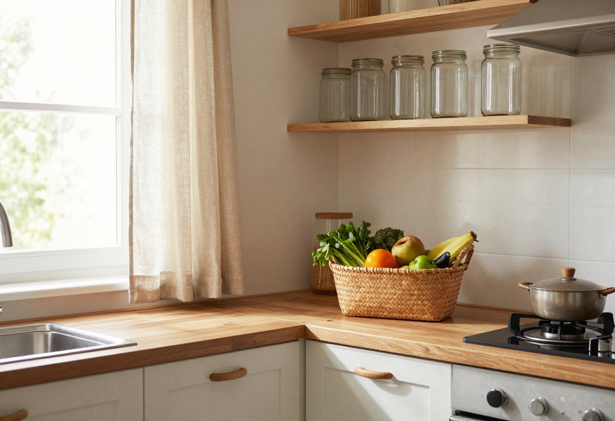 Cozy organized kitchen with woven basket, clear jars, and linen curtains