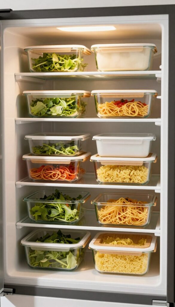 Neatly organized fridge shelf with uniform airtight glass containers for leftovers.