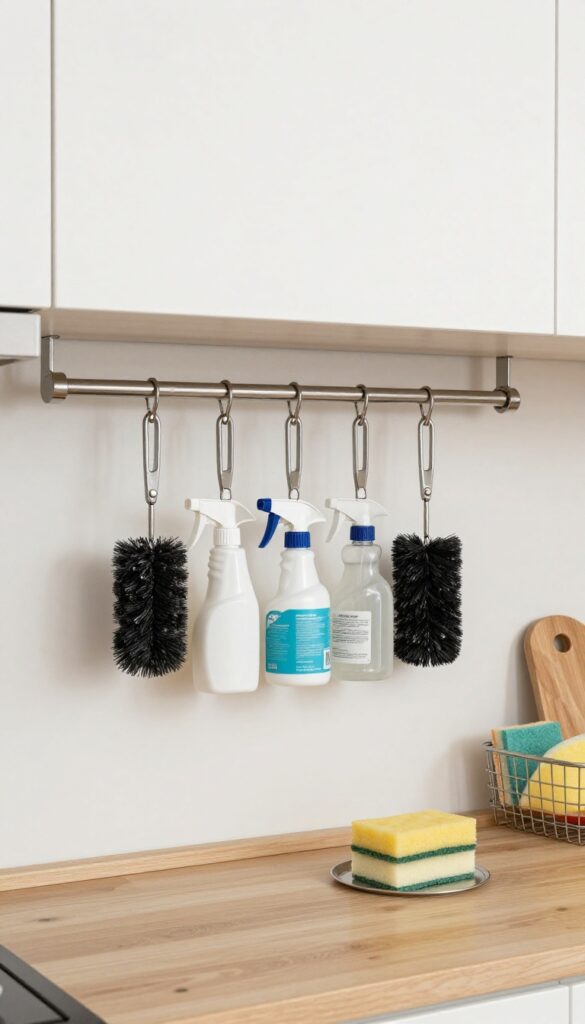 Under-sink storage with tension rod holding cleaning supplies