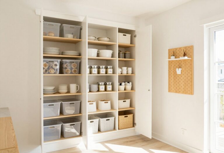 Organized kitchen closet with clear bins, labeled baskets, and a pegboard, bathed in natural light.