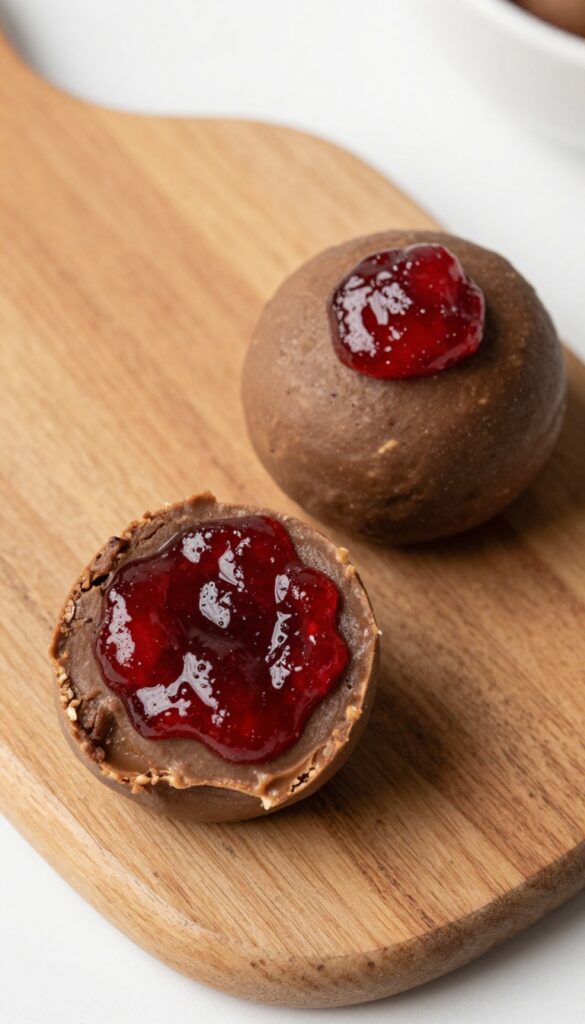 Keto peanut butter and jelly fat bombs with jam swirl on wooden board