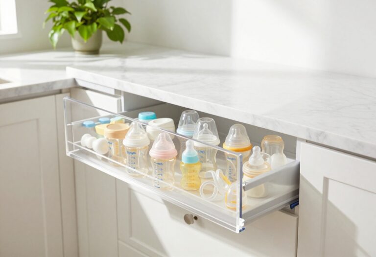 Bright kitchen with open drawer showing neatly organized baby bottles in clear acrylic dividers, soft natural light, and a small plant on the counter.