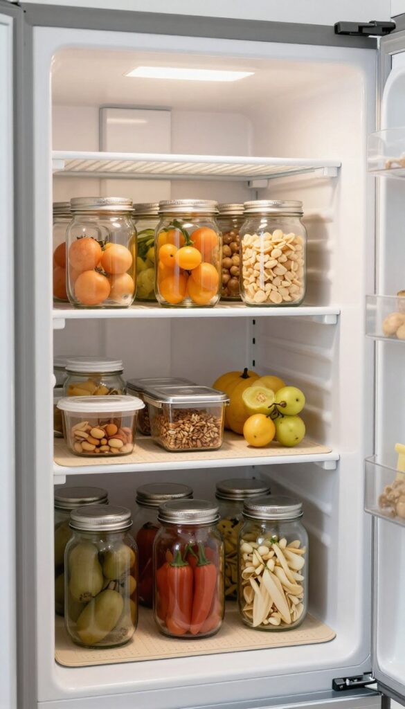 Organized refrigerator with beige shelf liners and neatly arranged food containers
