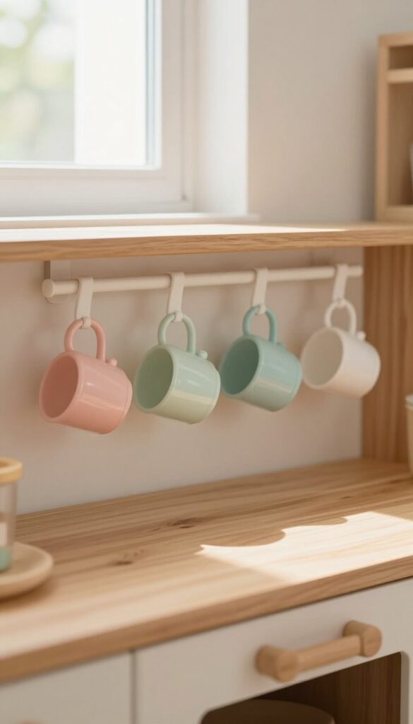Small play kitchen with pastel cups and mugs hanging from adhesive hooks under a cabinet, tidy and bright.