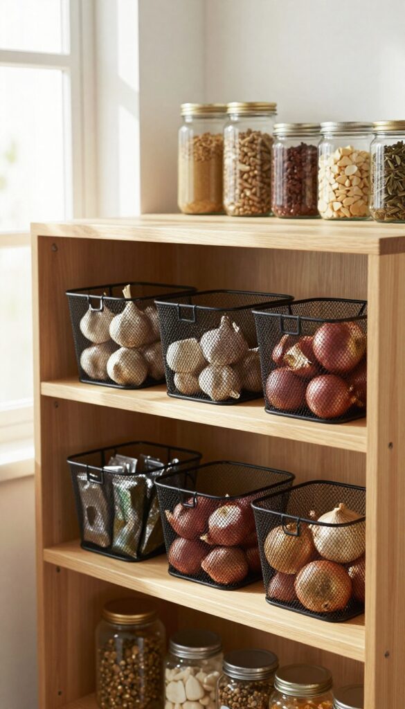 Hanging mesh baskets under a pantry shelf filled with garlic, shallots, and spice packets in a bright, organized pantry.