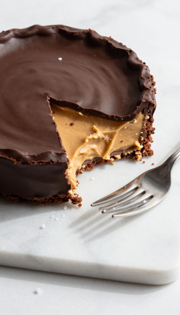 No-bake chocolate peanut butter pie with glossy chocolate shell and creamy peanut butter filling on marble surface