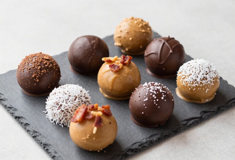 Nine keto peanut butter fat bombs in various flavors on a dark slate board
