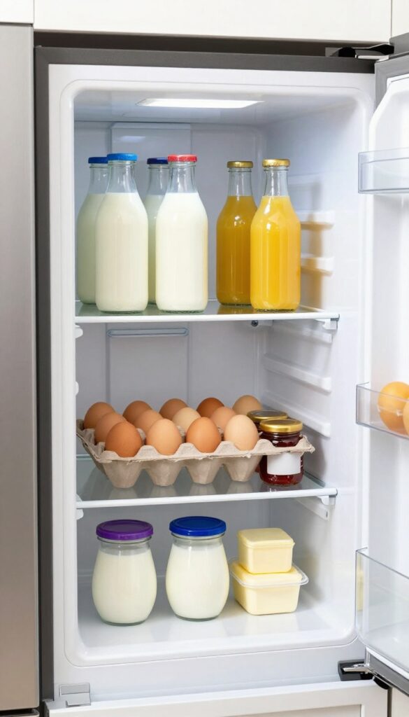 Refrigerator door storage with milk, juice, eggs, and small jars on shelves, bright natural light, clean and organized.