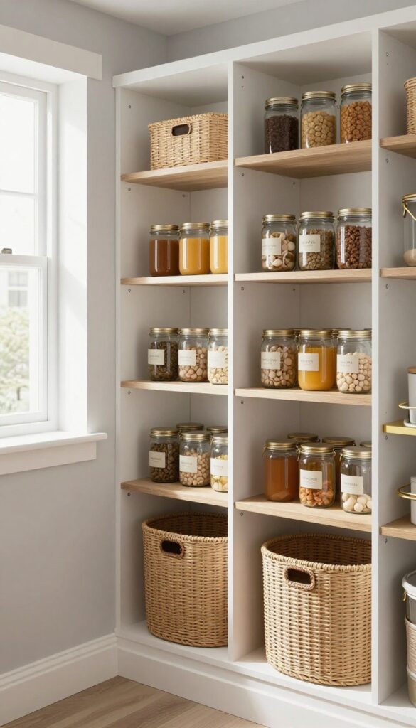 Neutral pantry with white shelves, woven baskets, and warm wood accents