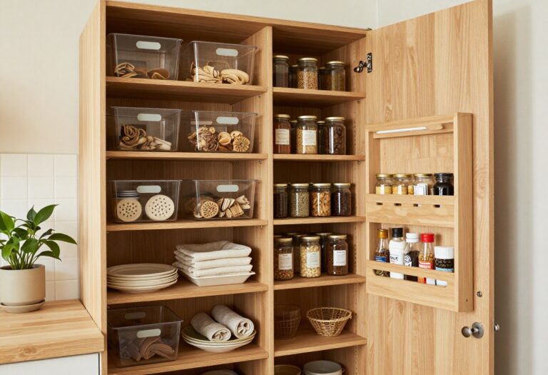 Cozy apartment pantry with organized shelves, clear bins, and a door organizer