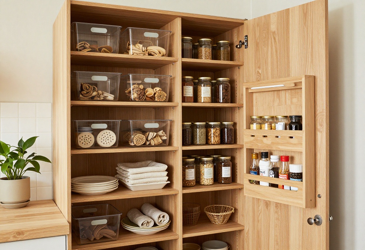 Cozy apartment pantry with organized shelves, clear bins, and a door organizer