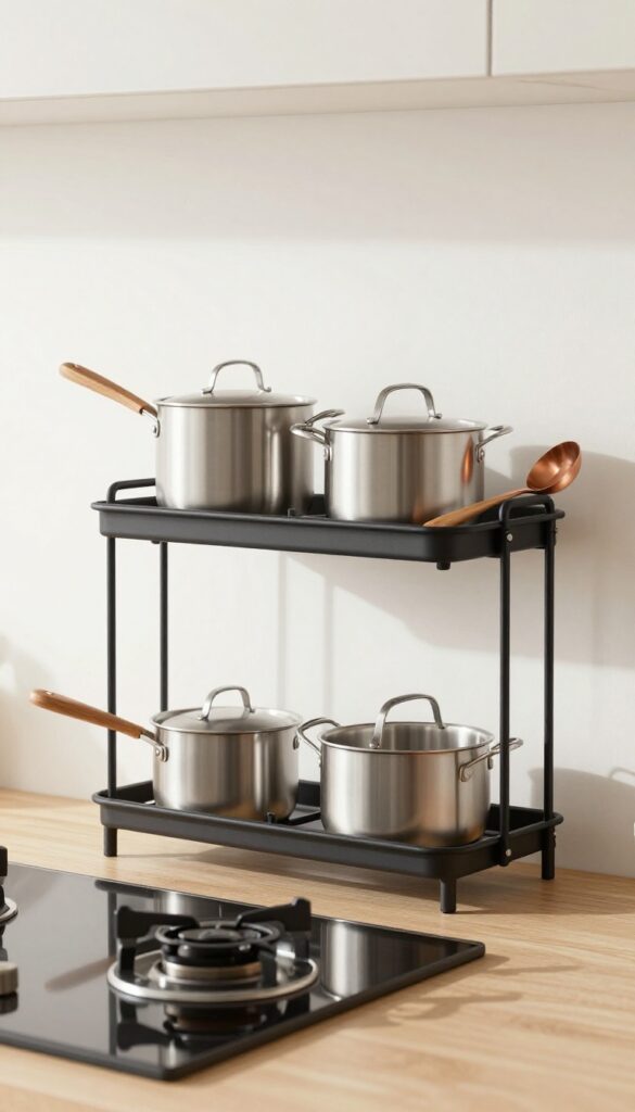 Japanese kitchen with a matte black pot rack above the stove holding pots and pans