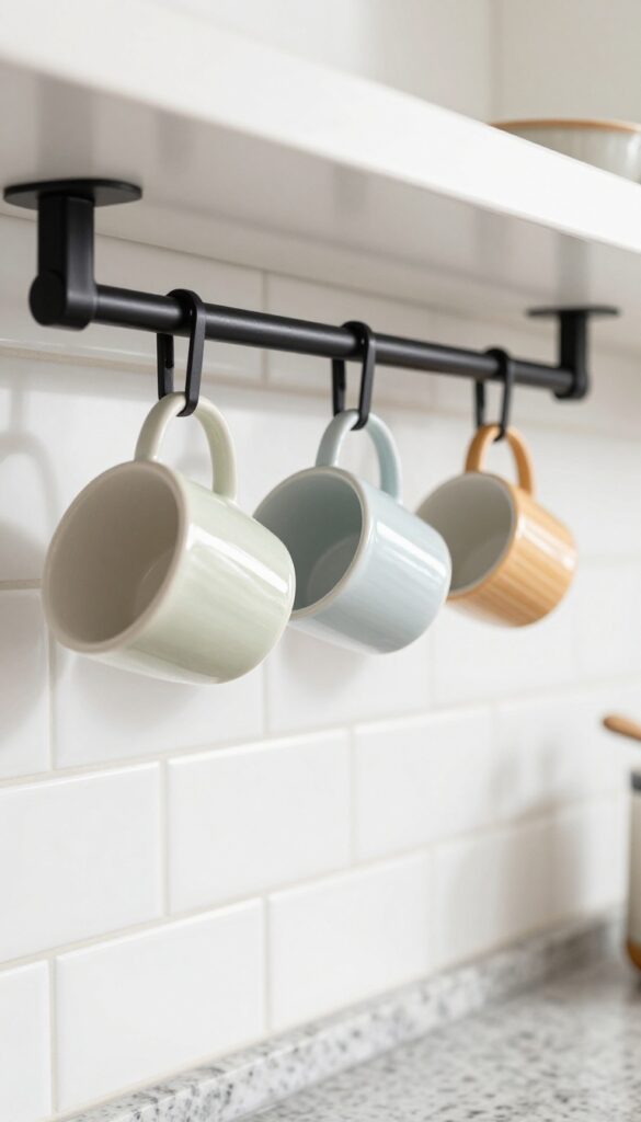 Under-cabinet hanging hooks with colorful mugs and wooden ladles in a bright kitchen