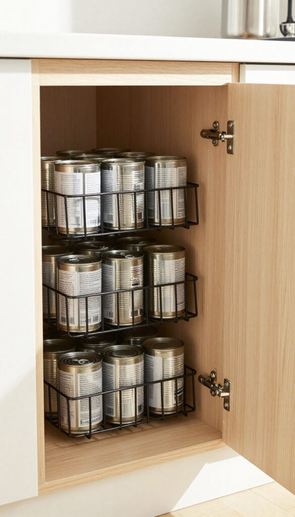 Open lower cabinet with stackable can racks holding rows of canned goods, organized and tidy.
