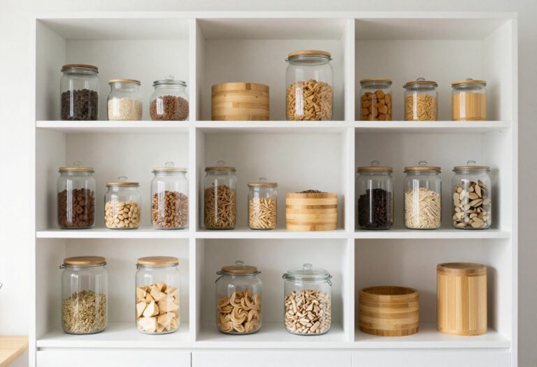 A calm, organized pantry with clear jars and bamboo containers on white shelves.
