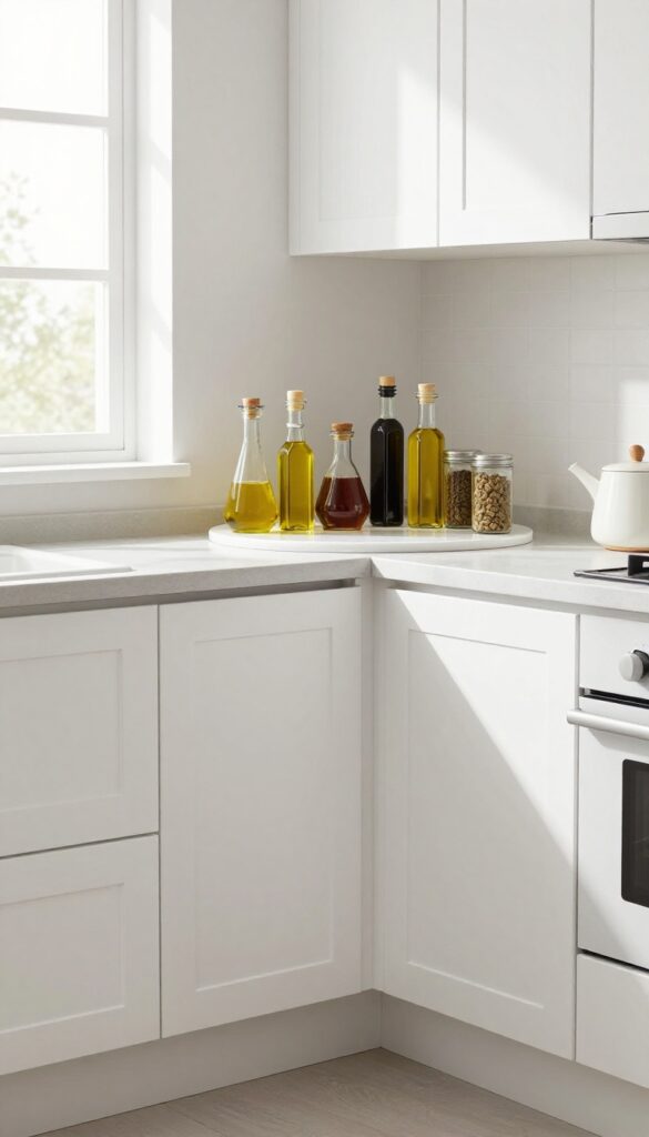 Open corner cabinet with a lazy Susan holding organized bottles and spices