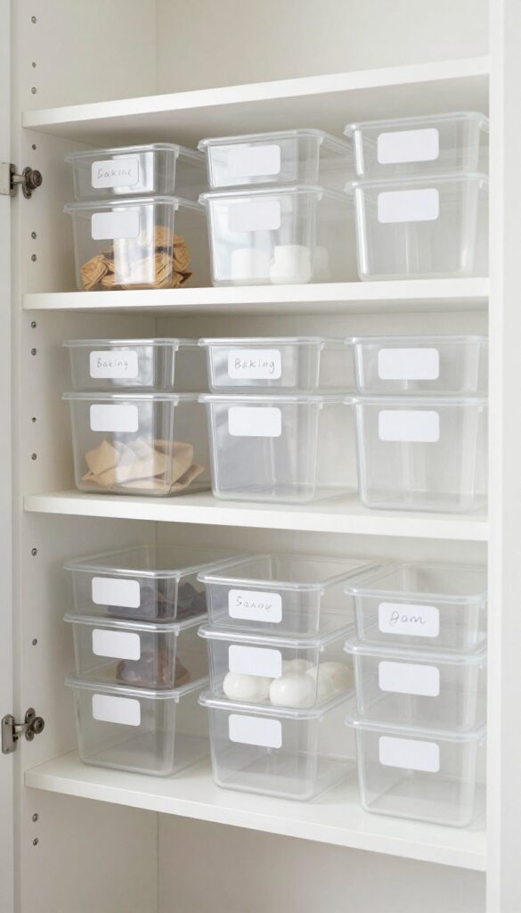 Organized kitchen pantry with clear stackable bins on shelves, holding snacks and baking supplies, with white labels and natural light.