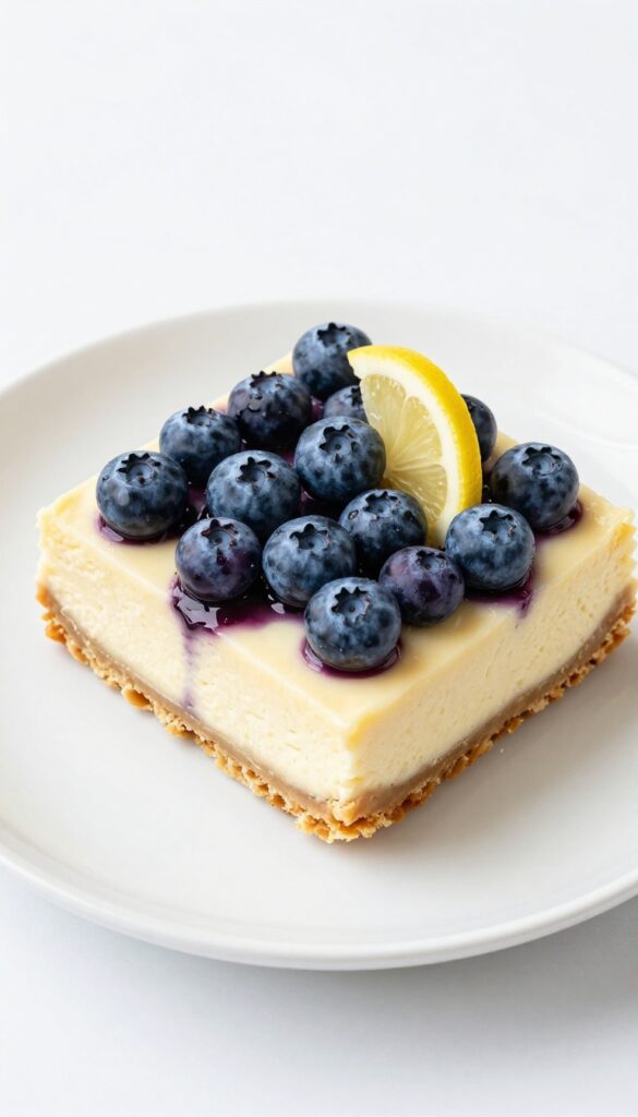 Keto lemon blueberry cheesecake bar with blueberry swirl on a white plate