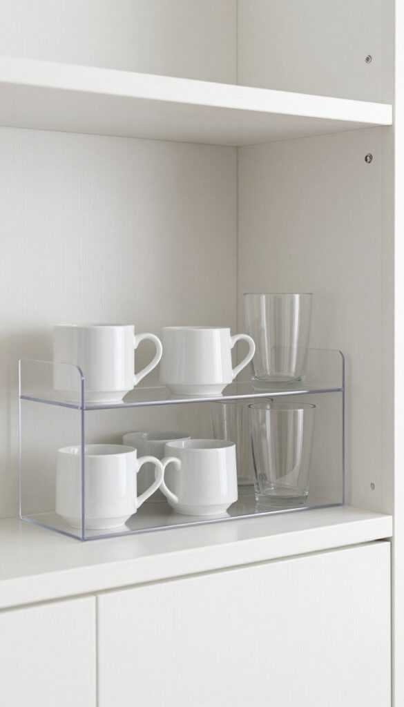 Clear acrylic bins organizing cups by type in a kitchen cabinet
