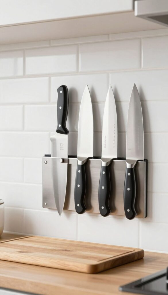 Magnetic knife strip mounted on kitchen backsplash with knives attached, cutting board below