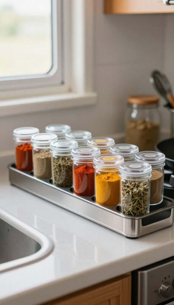 Magnetic spice jars attached to a stainless steel range hood in a small RV kitchen, with clear lids and colorful spices, organized and clutter-free.
