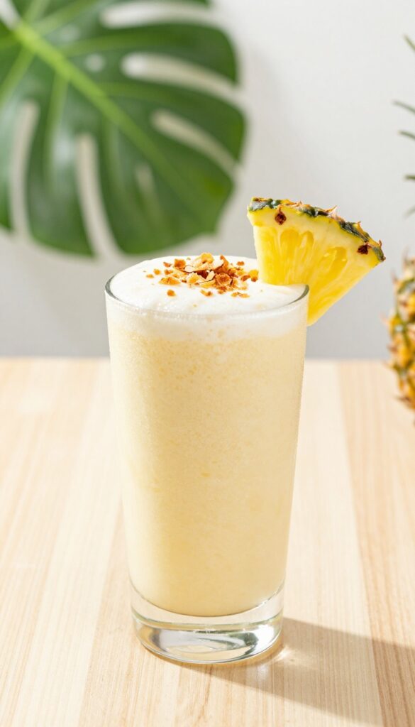 Creamy pineapple coconut smoothie in a glass with pineapple wedge and coconut flakes garnish on a wooden table with tropical leaves.