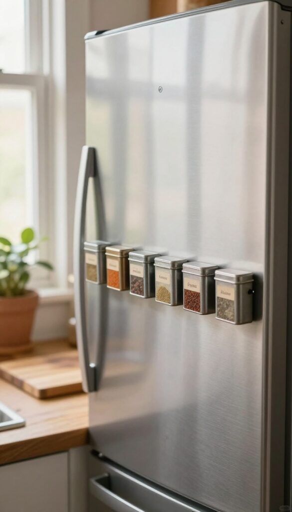Magnetic spice jars on a strip attached to the side of a refrigerator in a small kitchen