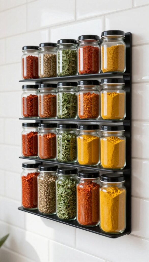 Wall-mounted spice rack with clear jars near stove in bright kitchen
