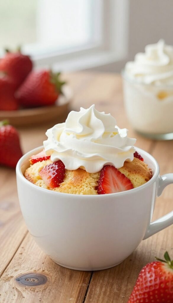 Vanilla mug shortcake cup topped with strawberries and whipped cream on a wooden table