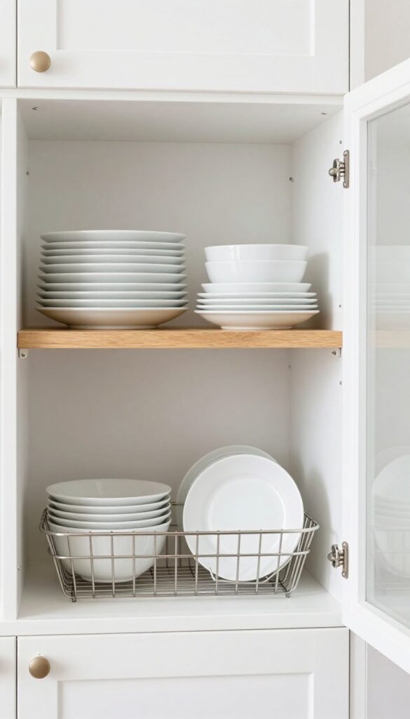 Under-shelf wire basket holding salad plates beneath a cabinet shelf with dinner plates, showcasing extra storage layers.