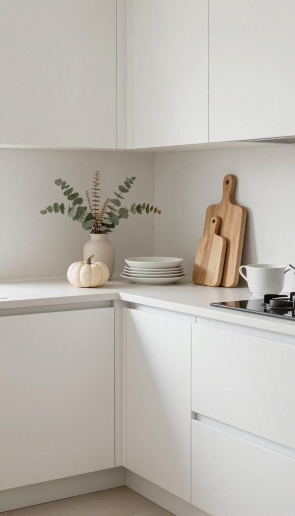 Kitchen open shelving with seasonal decor on top shelf, ceramic pumpkin and eucalyptus, neutral background.