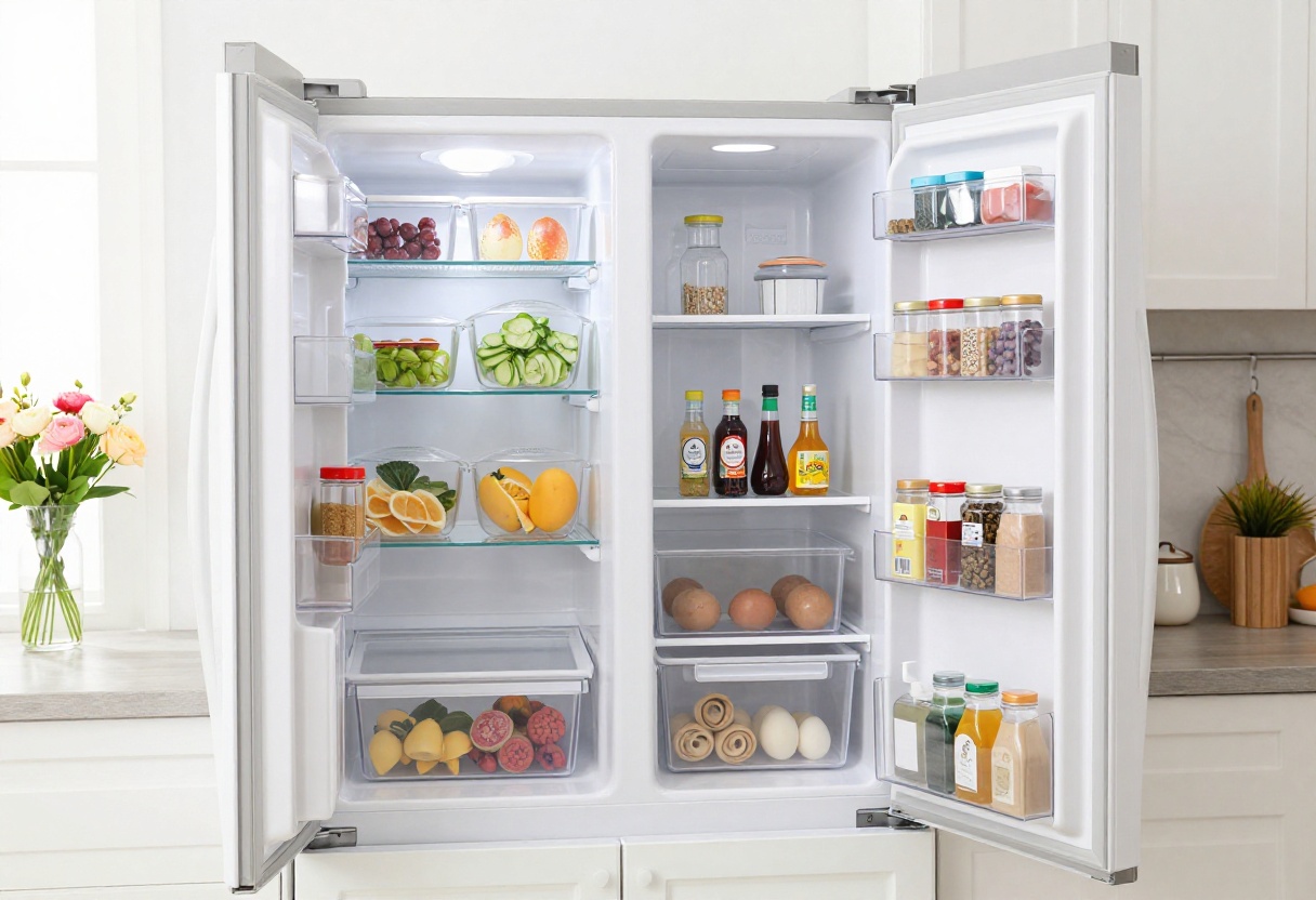 A neatly organized refrigerator with clear bins, a lazy Susan, and magnetic spice jars in a bright kitchen.