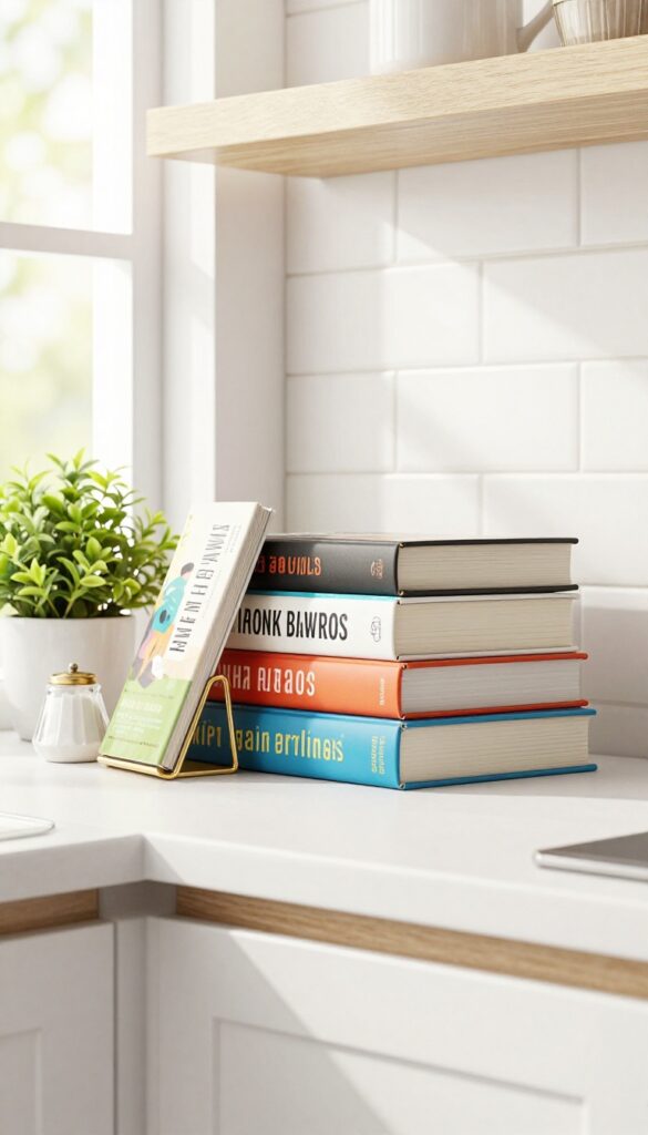 Open kitchen shelf with horizontally stacked cookbooks, brass bookend, small plant, and salt cellar in bright natural light.