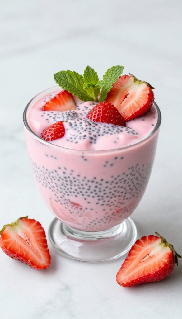 Strawberry chia pudding parfait in a clear glass cup with whipped cream and mint leaf on marble surface