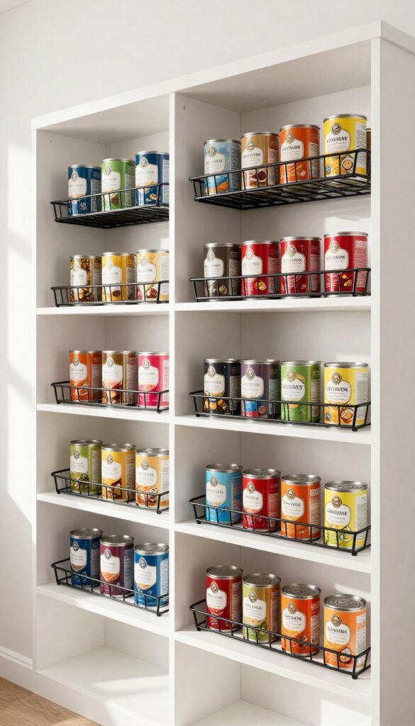 Tiered can racks on pantry shelves holding neatly arranged cans with labels visible, bright natural light, clean organized look.
